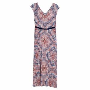 Boho Maternity Maxi Dress 58” Medium Pink Blue Empire Waist Baby Shower Summer